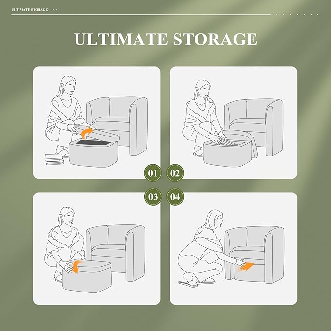 COLAMY Morden Velvet Living Room Side Chair with Storage Ottoman Set of 2, Single Sofa Armchair with Lounge Seat, Upholstered Barrel Accent Chair for Bedroom/Office/Reading Spaces, Green