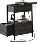 SOOWERY End Table with Charging Station, Narrow Side Table with Flip Top Cabinet and Fabric Drawer, Nightstand Bedside Tables for Small Spaces, Bedroom, Living Room, Dark Grey