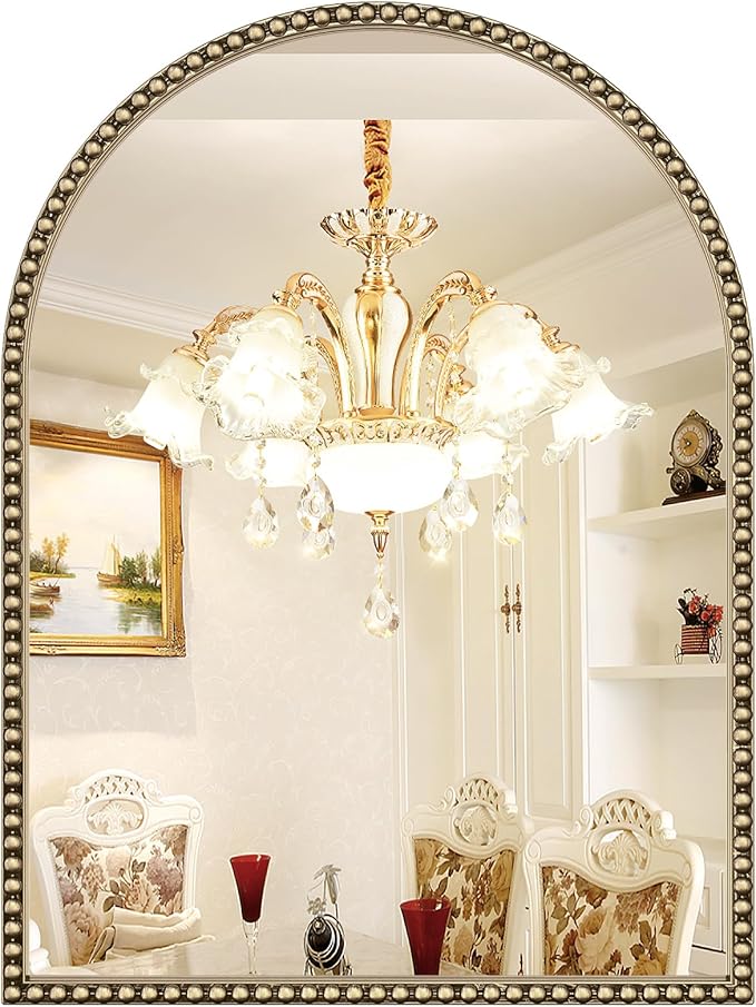 Beaded Arched Mirror for Wall, 30"x40" Gold Arch Brass Bathroom Mirrors, Champagne Bronze Vintage Metal Frame Decorative Mirror for Mantle,Bedroom Dressing Room Entryway Fireplace