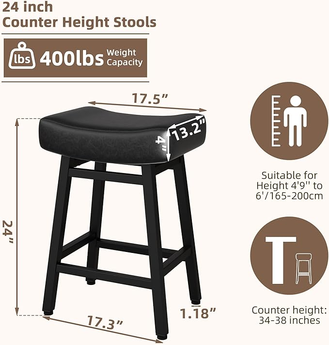 Counter Height Bar Stools Set of 3, 24 Inch Backless BarStools for Kitchen Island Leather Saddle Bar Chairs Kitchen Stools with 4" Thick Seats & Heavy Duty Metal Base, Black