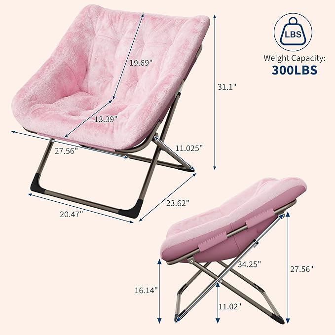 Comfy Chair for Adults, Foldable Living Room Chairs, Soft Faux Fur Folding Lounge for Bedroom Living Room Dorm Rooms, Flexible Reading Chair for Teens (1, Pink, Extra Large)