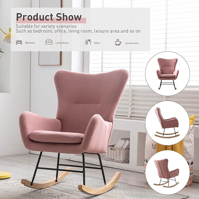 Phoenix Home Rocking Chair Nursery Velvet Upholstered Glider Rocker Rocking Accent Chair Padded Seat with High Backrest Armchair Comfy Side Chair for Living Room Bedroom Offices, Pink