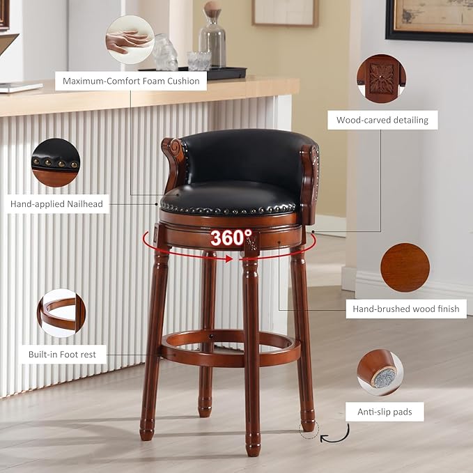 Cow top Leather Wooden Bar Stools, 29.5" Bar Height Bar Chair with Back, 180 Degrees Swivel Barstools Chair for Home Kitchen Counter,Dining Room (Black-2pcs, Counter Height-Seat Height 26”)