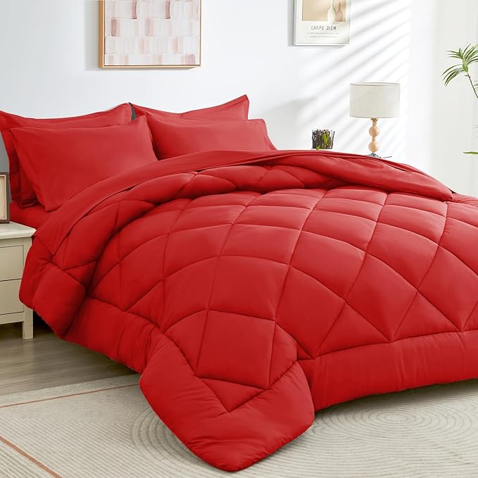 HEVUMYI Red Twin Comforter Set - 5-Piece All Season Bed in a Bag Twin, Ultra Soft Bedding Set with Comforter, Flat Sheet, Fitted Sheet, Pillowcases, Pillow Shams
