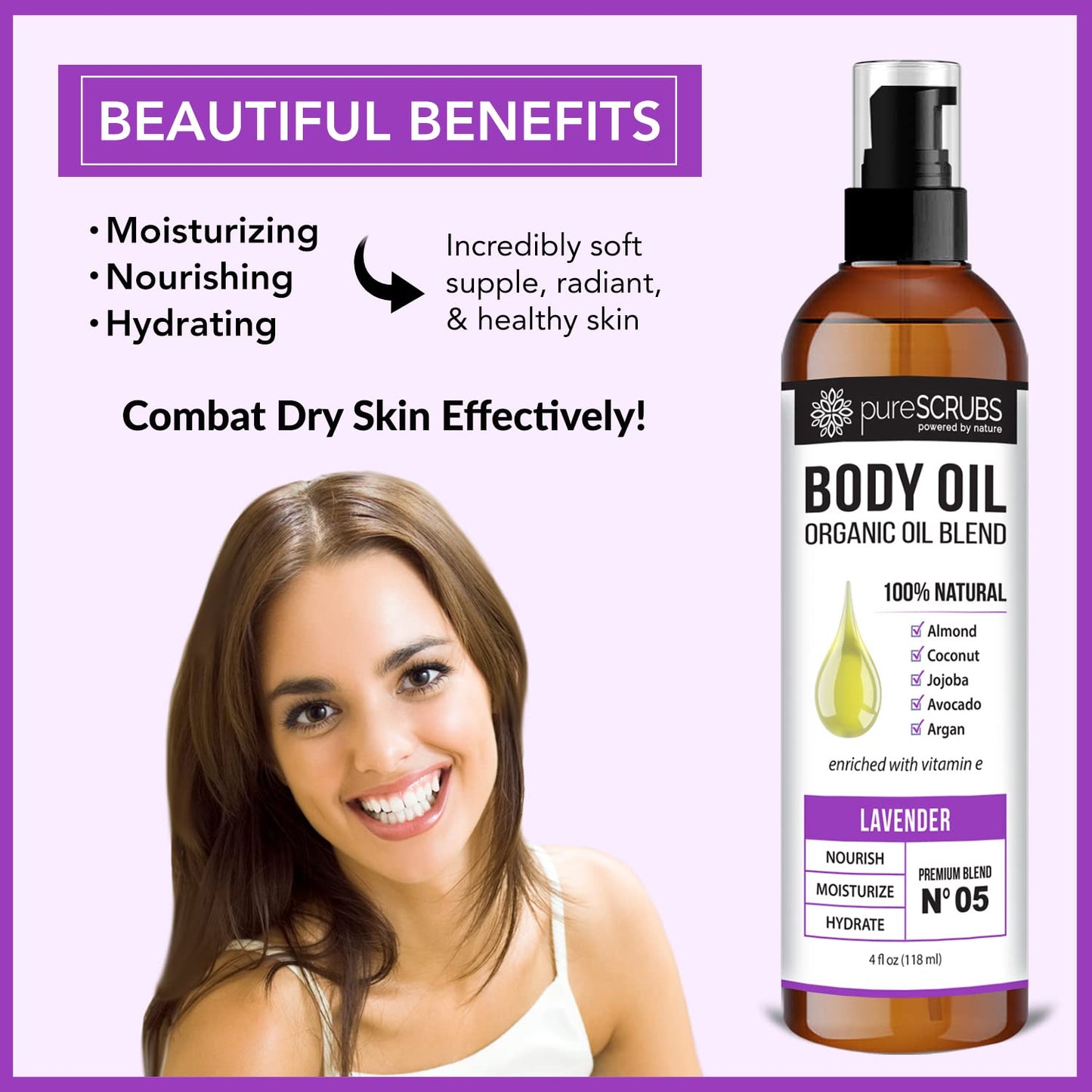 pureSCRUBS Ultra Moisturizing Lavender Body Oil Spray for Dry Skin, Massage, Cuticles & More, Organic Blend of Jojoba, Argan, Coconut, Sweet Almond & Avocado Oils Enriched with Vitamin E, Lg 4oz