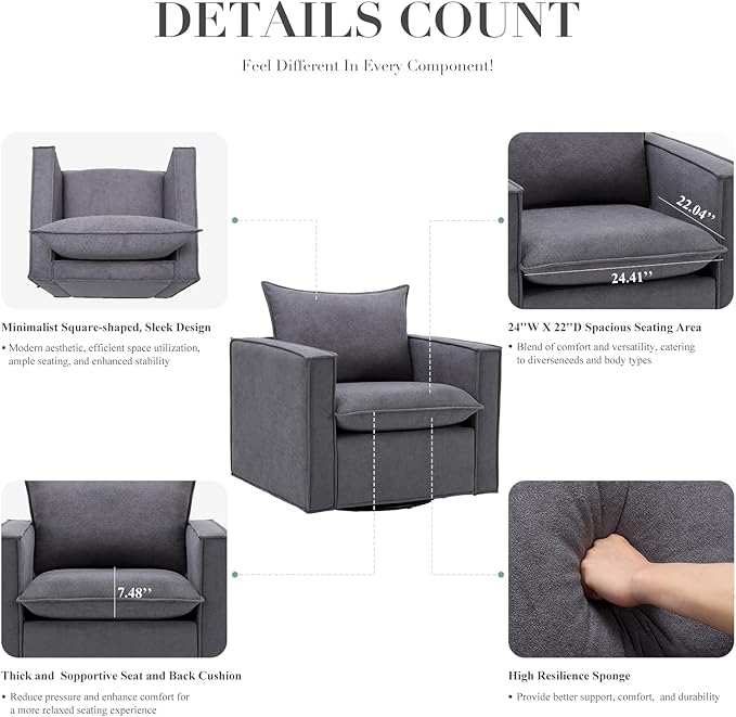 Swivel Accent Chair Set of 2, 34 Inches Wide Upholstered Arm Chair with Plump Back Pillow, Modern Sofa Living Room Chair for Bedroom, Corner, Reading Nook-Grey
