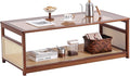 Welnow Rattan Coffee Table for Living Room, Modern 2-Tier Rectangle Center Table with Storage Shelf and Glass Top, Mid-Century Boho Furniture for Apartment, 47.5" Walnut