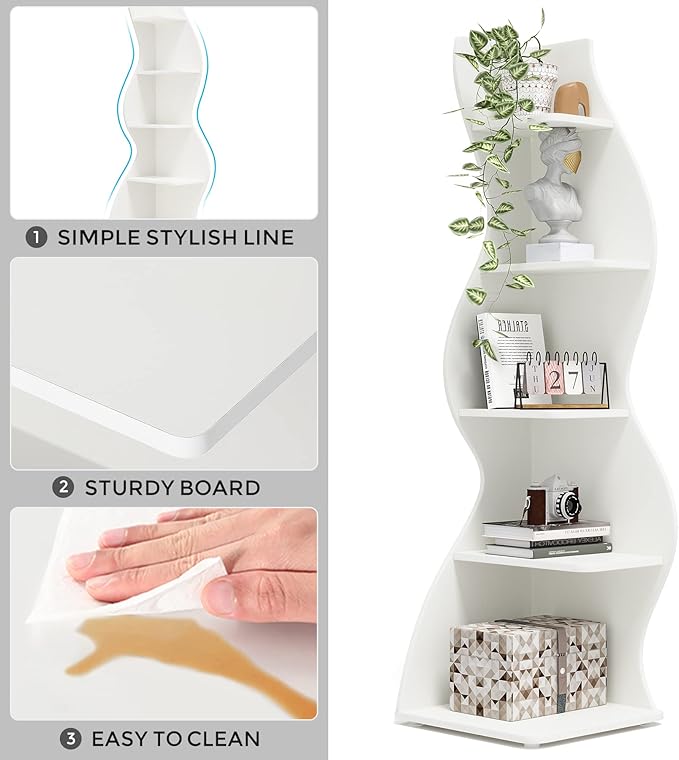 Tribesigns Corner Shelf, Modern 5-Tier Wall Corner Bookshelf Set of Two, Stylish Corner Small Bookcase Storage Rack Plant Stand for Living Room, Home Office, Kitchen, Small Space White, 2PCS