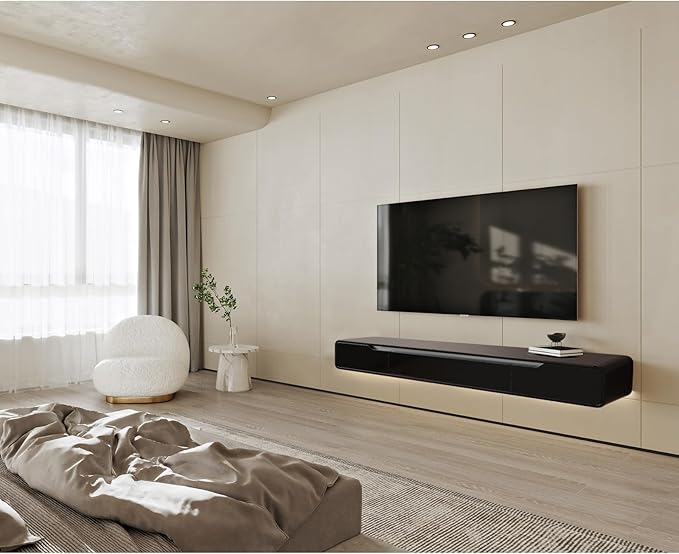 High Gloss Floating TV Stand with 3 Doors,70'' Wall Mounted TV Cabinet,Under TV Console,Floating Media Shelft for Bedroom Living Room(Black)
