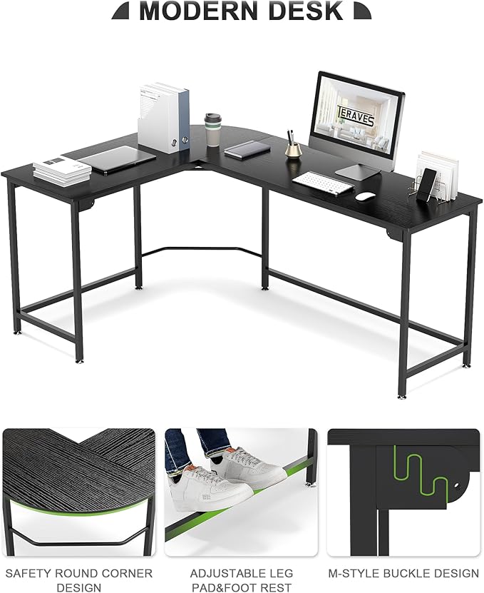 Teraves Modern L Shaped Gaming Desk 58'' Corner Computer Desk for Home Office Gaming Table Study Writing Workstation for Small Space, Easy to Assemble