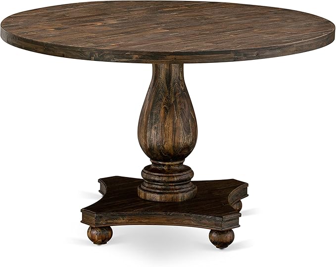 East West Furniture I2MZ7-748 7 Piece Modern Dining Table Set Consist of a Round Wooden Table with Pedestal and 6 Coffee Linen Fabric Upholstered Chairs, 48x48 Inch, Distressed Jacobean