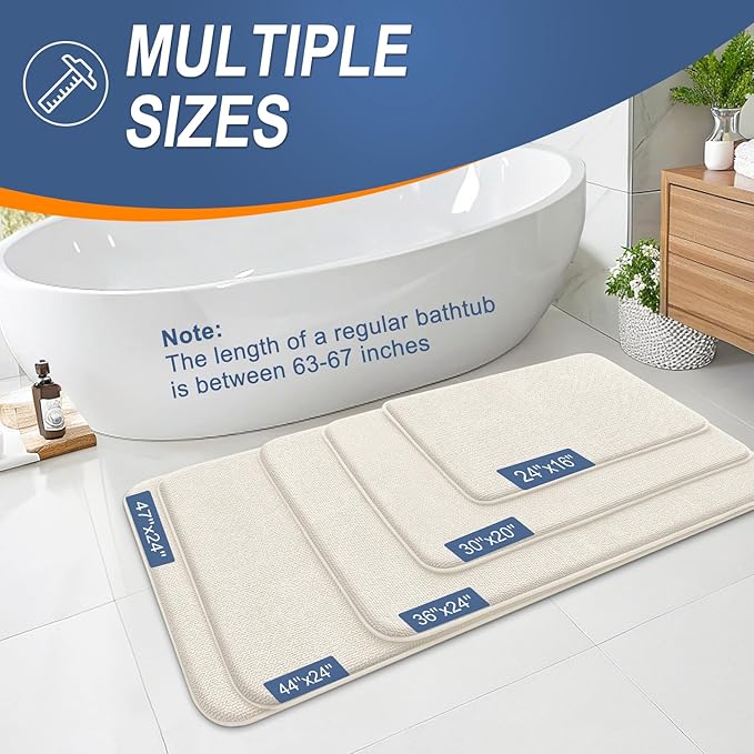 OLANLY Thick Memory Foam Bath Mat Rug 47x20, Extra Soft Absorbent Bathroom Rug, Quick Dry Bath Mats, Non-Slip, Machine Washable Carpet for Bathroom, Tub and Shower, Home Decor Accessories, Ivory