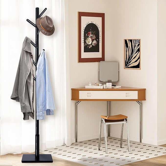 Yawinhe Coat Rack, Sturdy Woode Stand Tree with 8 Hooks, 3 Adjustable Height for Bedroom, Hallway, Entrance, Office, 11.8 x 70.8 inches, Black, 1-Pack, Square Base