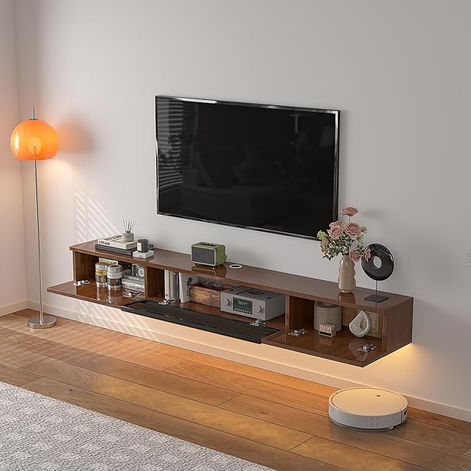 High Gloss Floating TV Stand,55'' Wall Mounted TV Console,Under TV Floating Shelf,Floating TV Cabinet with 3 Doors for Bedroom Living Room(Walnut)