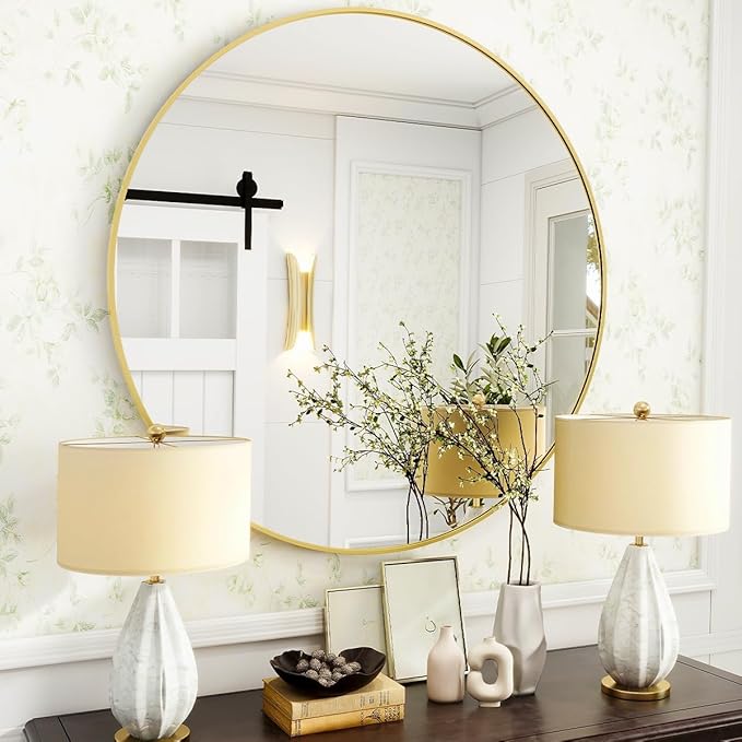 Gold Round Bathroom Mirror, 30 inch Circle Wall Mounted Hanging Mirror with Simple Modern Circular Metal Frame for Hallway, Entryway, Living Room, Gold Frame