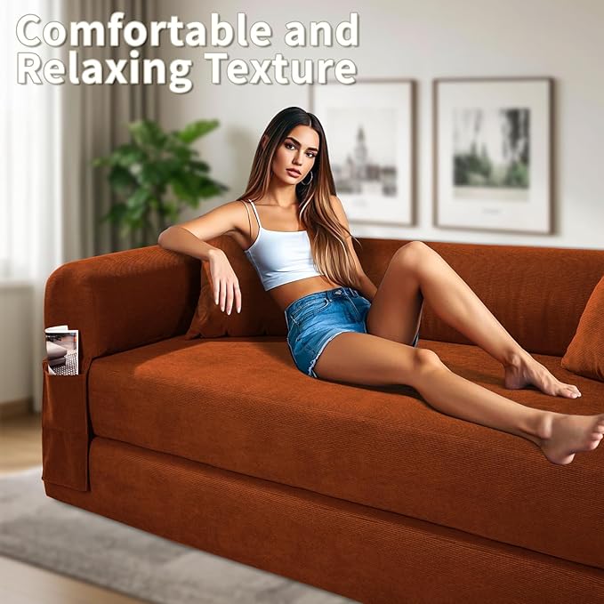 80" Convertible Sofa Bed, Corduroy Deep Seat Folding Pull Out Couch with Pillows, No Assembly Modern Boneless Couch Compression Sofa in Box, Floor Sofa with Storage Pocket for Living Room, Orange