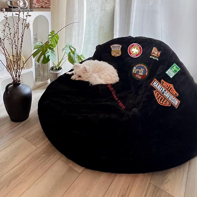 BCU 6FT Bean Bag Chair for Adults and Kids Without Filler Giant Stuffed Animal Storage Cover Soft Faux Fur Floor Chair Cover Patterns Embroidered for Bedroom Living Room, Black
