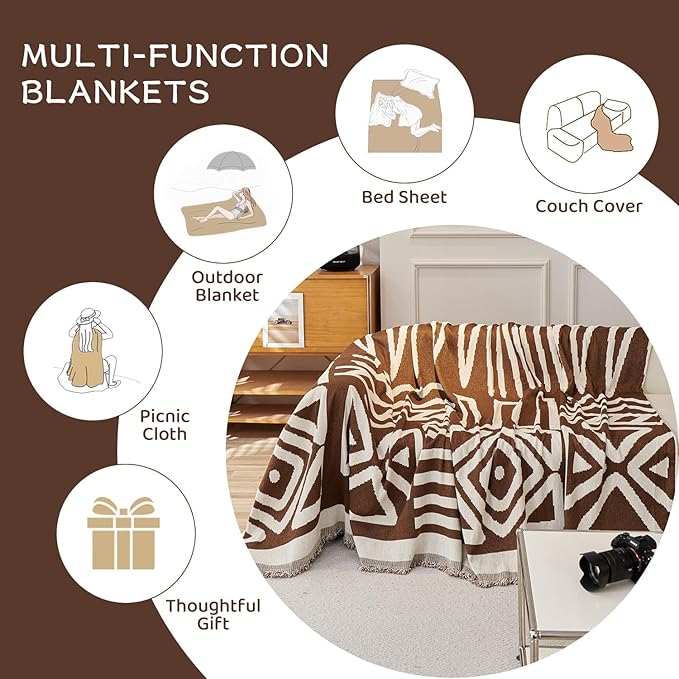 STACYPIK Boho Sofa Cover for Pet, Chocolate Geometric Couch Cover for Sectional, Washable L Shape Cover, Dog Couch Protector for 3 Cushion Couch, Non Slip Jacquard Sofa Silpcover with Tassles-71X150IN