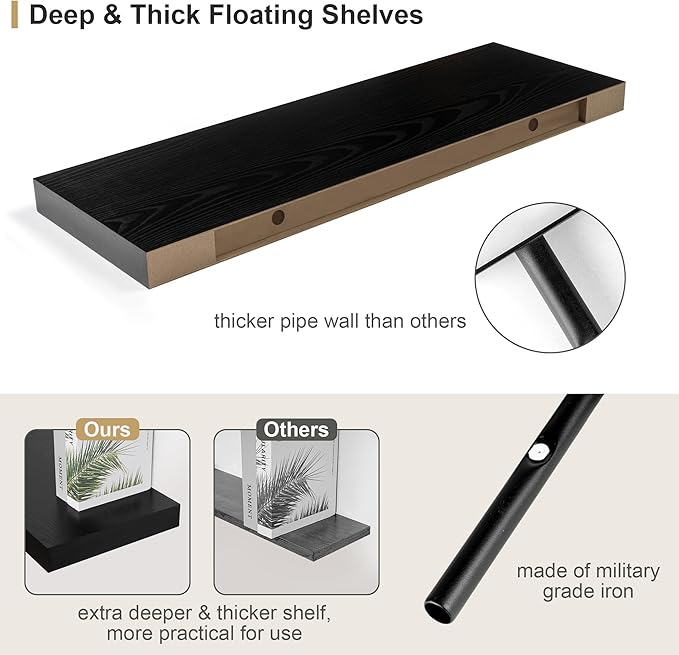 Heimlove Black Bathroom Shelves Floating Shelves for Wall Shelf Over Toilet Long Wall Mounted Modern Farmhouse,48 x 12 Shelves with Invisible Brackets for Living Room, Kitchen, Bedroom