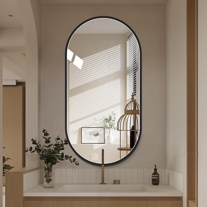 LAIYA 33x20inch Oval Wall Bathroom Mirror with Black Aluminum Frame,Wall Mounted Oval Vanity Mirrors， Explosion-Proof Glass, Waterproof Design, Easy Installation，Horizontally/Vertically