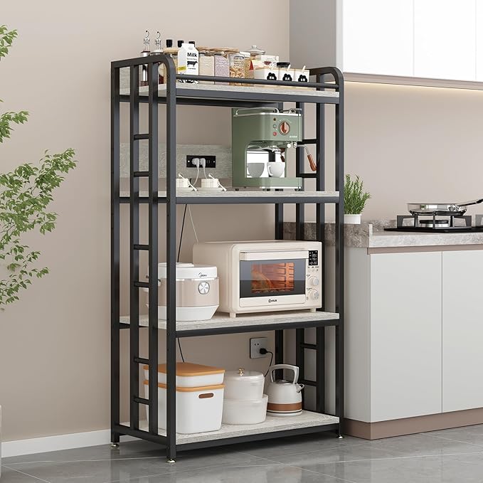 Adjustable 4-Tier Heavy Duty Kitchen Baker's Rack with Power Outlet, with Industrial Wheels, Free Standing Microwave Oven Cart Stand for Storage in Living Room, Garage, Greige