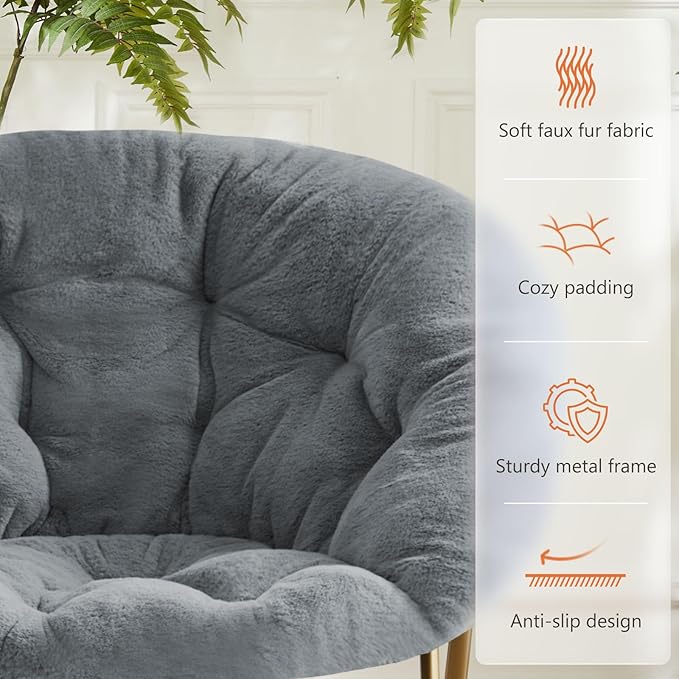 Saucer Chair Faux Fur with Soft and Thick Padded Seat Metal Frame, Modern Style Folding Cozy Chair for Bedroom, Living Room,XL, Grey