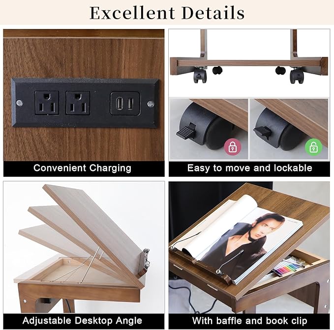 C Shaped End Table with Charging Station, Small Side Table for Couch, C Table with Wheels and Adjustable Desktop, Wooden Couch Table for Living Room, Bedroom (Brown)