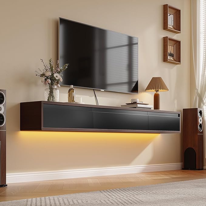 Floating TV Stand Matte Finish, 55'' Wall-Mounted TV Cabinet,Floating TV Console,Under TV Shelf with 3 Doors for Living Room Bedroom(Walnut+Black)
