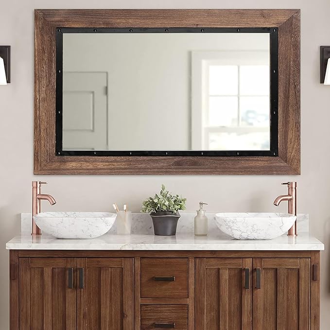 YOSHOOT Rustic Wooden Framed Wall Mirror, Natural Wood and Iron Bathroom Vanity Mirror for Farmhouse Decor, Vertical or Horizontal Hanging, 60" x 30", Brown