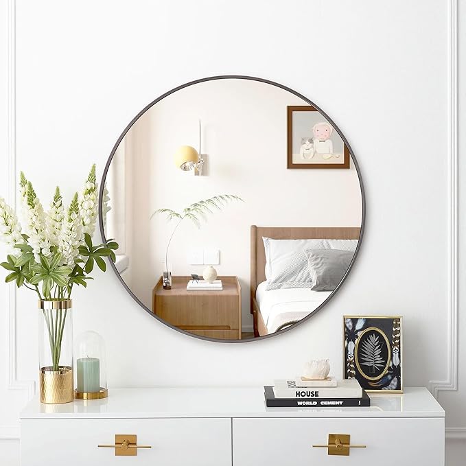 24 inch Round Titanium Mirror Wall Decor, Brushed Dark Grey Metal Framed Circle Mirror for Bathroom Vanity, Bedroom Decor, Living Room, Entryway