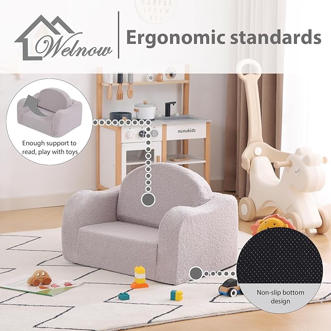 Welnow Kids Sofa, 2-in-1 Soft Sherpa Toddler Chair, Convertible Toddler Couch Lounger, Flip Out Kids Couch Chair with Side Pockets & Removable Cover for Girls and Boys, Grey