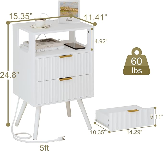 White Nightstand with Charging Station and LED Lights,Modern Bedside Table with 2 Storage Drawer and Open Wood Shelf, for Bedroom and Small Spaces,Night Stand with Solid Wood Legs,White