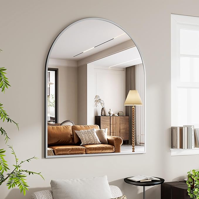 BEAUTYPEAK 36"x48" Arch Bathroom Mirror, Wall Mounted Vanity Metal Frame Mirror for Bedroom, Entryway, Living Room, Silver