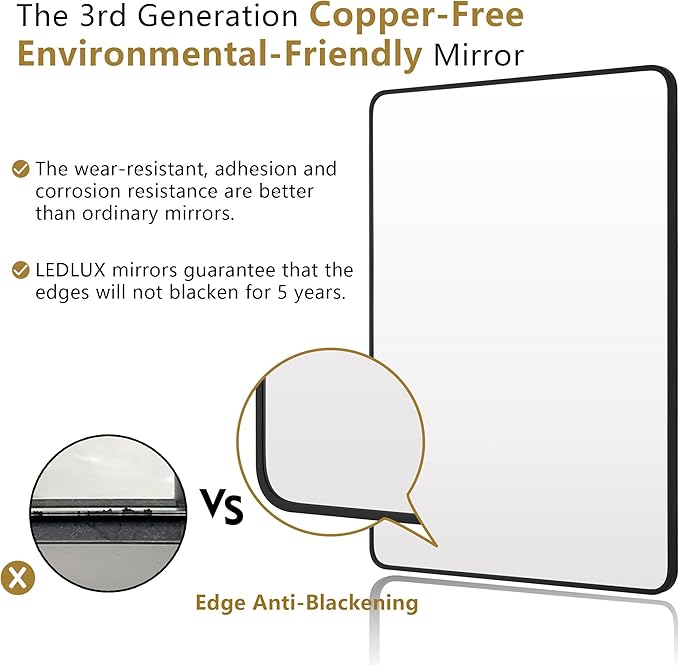 36"x48" Bathroom Wall Mirror with Matte Black Metal Frame & HD Glass, Copper-Free Mirrors Modern Rectangle Round Corner Framed Vanity Mirror - Horizontal or Vertical Installation