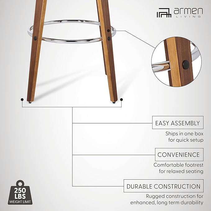 Armen Living Shelly 30" Bar Height Swivel Brown Faux Leather and Walnut Wood Bar Stool - Set of 4