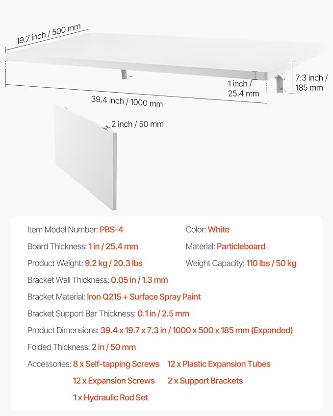 VEVOR Wall Mounted Folding Table, 39.4 x 19.7 inches Wall Mount Table, Floating Desk with Iron Bracket for Small Spaces, Home Office, Dining, Laundry Room, Kitchen, Bar, White