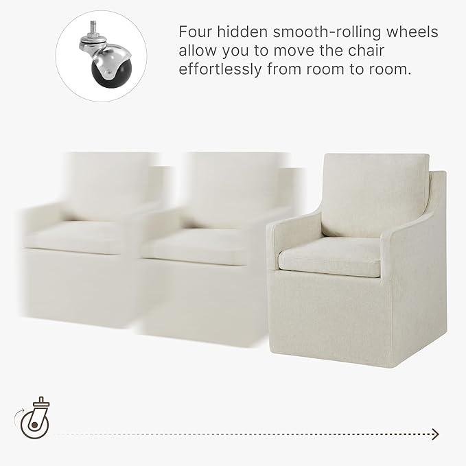 Upholstered Dining Chairs with Casters Washable Cover Side Deskchair with Rollers for Diningroom, Living Room, Cream Beige, 2 Box