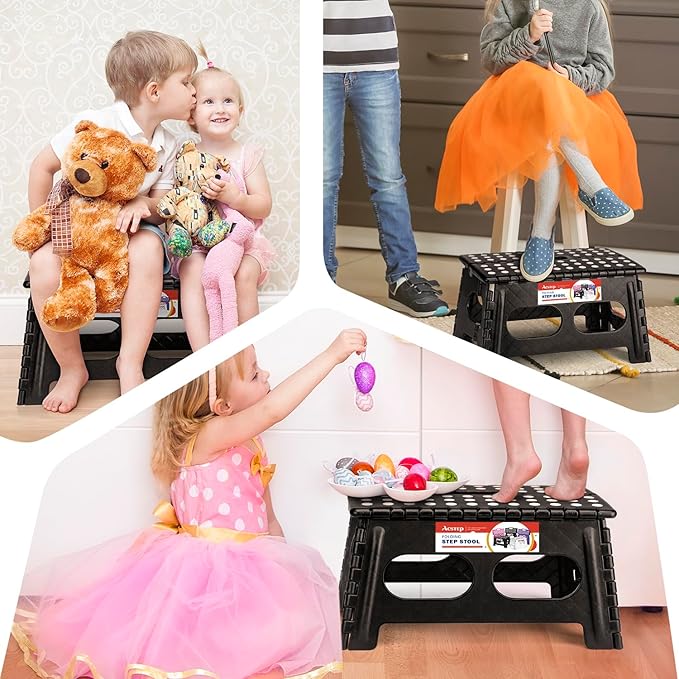 ACSTEP Foldable Step Stool for Kids and Adults,15-Inch Extra Wide 9-Inch Height Step Stool(2 Pack) More Safe and Comfortable Holds Up to 300 lbs Folding Step Stool for Bathroom, Garden, Kitchen（Black）