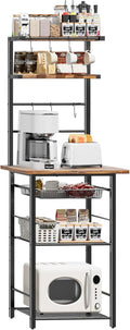Kitchen Bakers Rack, 6-Tier Microwave Stand with Storage, Multifunctional Coffee Bar with Mesh Basket, Tall Utility Kitchen Storage Shelf, 5 Hooks, Easy Assembly, Rustic Brown