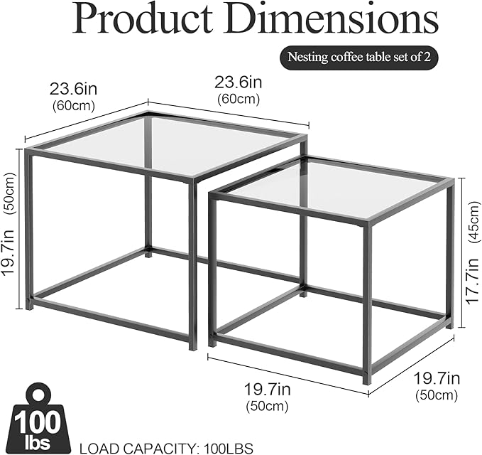 VILAWLENCE Coffee Table Set of 2, Modern Grey Glass Side Table, Metal Frame Square End Table, Center Tables, Nesting Coffee Table for Living Room, Bedroom and Small Spaces, 23.6in