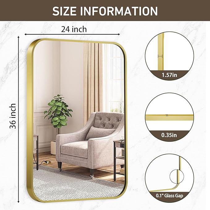 Matte Gold Mirror, 24x36 Inch Brushed Gold Mirror, Aluminum Alloy Framed Vanity Mirror, Rounded Rectangle Bathroom Mirror for Over Sink, Anti-Rust Wall Mirror (Horizontally or Vertically)