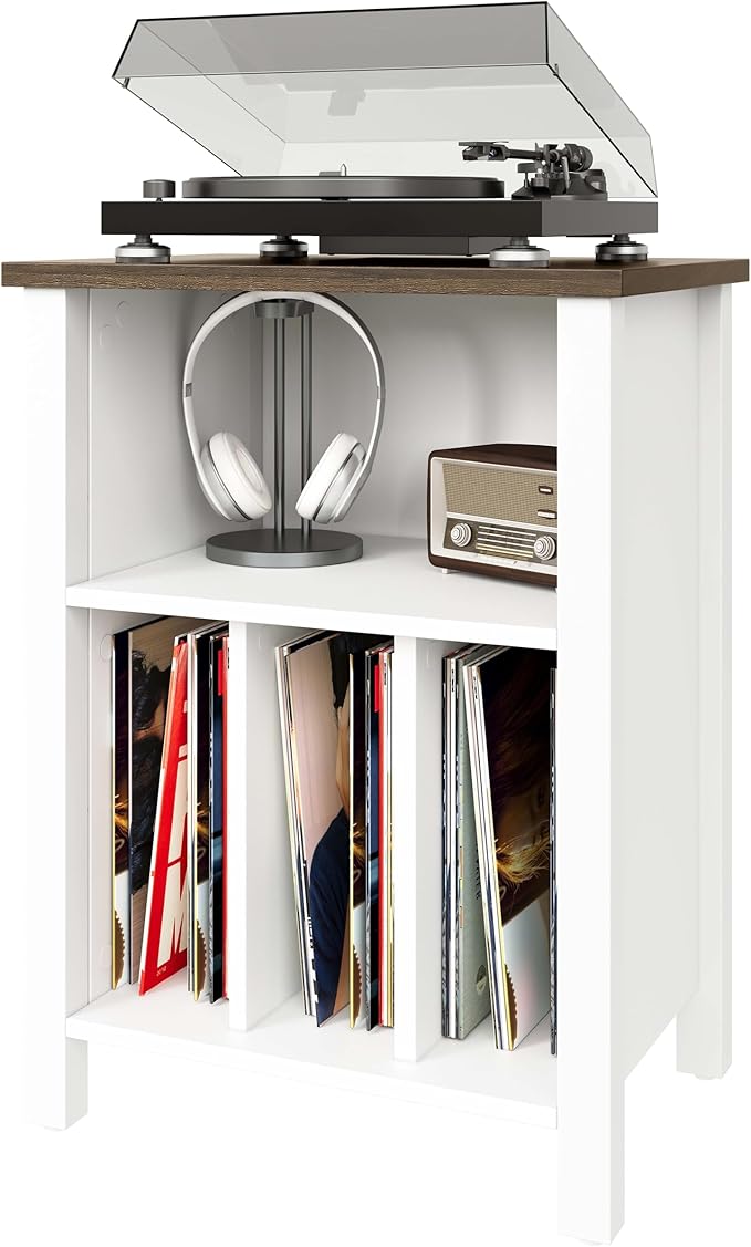LIDYUK Record Player Stand, Vinyl Record Storage Table End Table with Display Shelf Holds up to 130 Albums, Large Nightstand Wood Turntable Stand Cabinet Side Table for Living Room, Bedroom, White