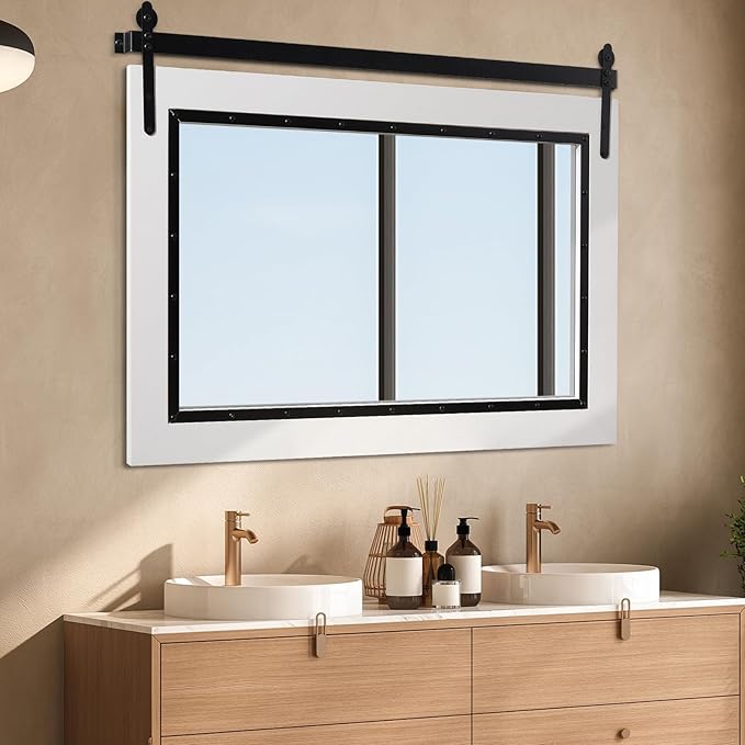 YOSHOOT Farmhouse Barn Door Mirror, 40"x26" Rustic Bathroom Mirror, Wood Frame Wall Mirror, Wooden Mirror for Living Room Bedroom Entryway Wall Décor, Horizontal Hanging ONLY
