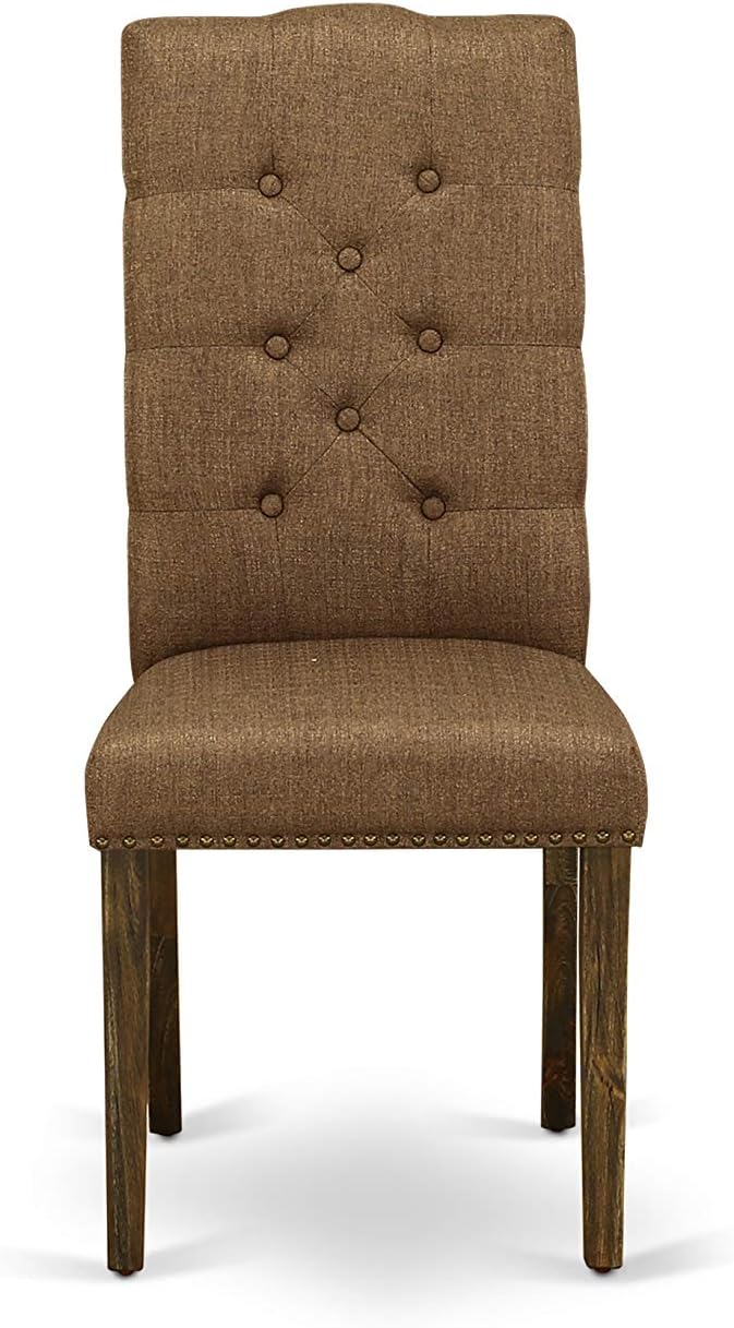 East West Furniture F2EL7-718 7 Piece Dining Table Set Consist of a Round Kitchen Table with Pedestal and 6 Brown Linen Linen Fabric Parson Dining Room Chairs, 48x48 Inch, Distressed Jacobean