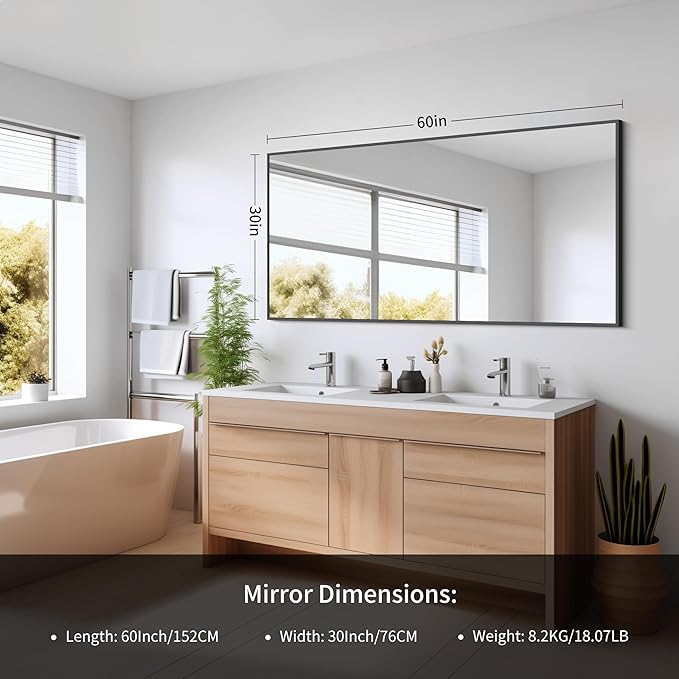 Black Bathroom Mirror for Wall, 60x30 Inch Rectangle Mirrors with Metal Frame, Modern Vanity Wall Mirror Decor for Bathroom Living Room, Entryway Hangs Horizontal or Vertical