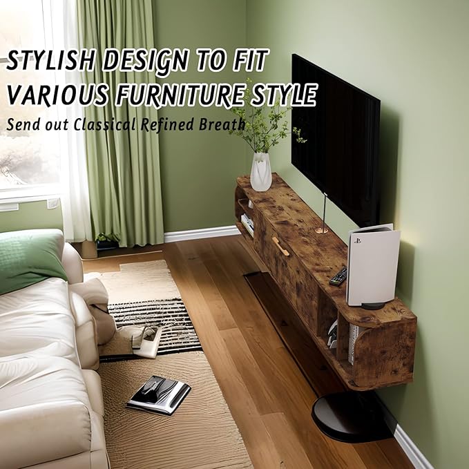 Floating TV Unit, 76'' Wall Mounted TV Cabinet, Floating Shelves with 4 Cabinets, Wood Entertainment Media Console Center Large Storage TV Bench for Living Room & Office (Rustic Brown)
