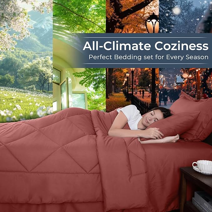 HEVUMYI Terracotta Full Comforter Set - 7-Piece All Season Bed in a Bag Full, Ultra Soft Bedding Set with Comforter, Flat Sheet, Fitted Sheet, Pillowcases, Pillow Shams
