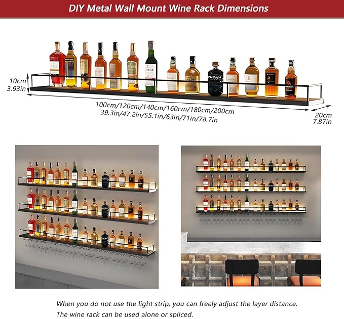 71in Wall-Mounted Metal Wine Rack with LED Lights 3-Tier Floating Bar Shelves with Wine Glass Rack Large Wine Bottle Display Rack Hanging Shelf, for Home Bar Dining Room Decorative (black, 180cm/71in)