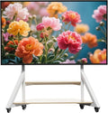 unho White TV Floor Stand with Wheels Shelves for 65 to 100 inch Large LCD/LED Flat Curved Screen up to 220lbs, Adjustable Heights TV Mount Stands VESA 800x600mm, Rolling TV Stand for Bedroom Office