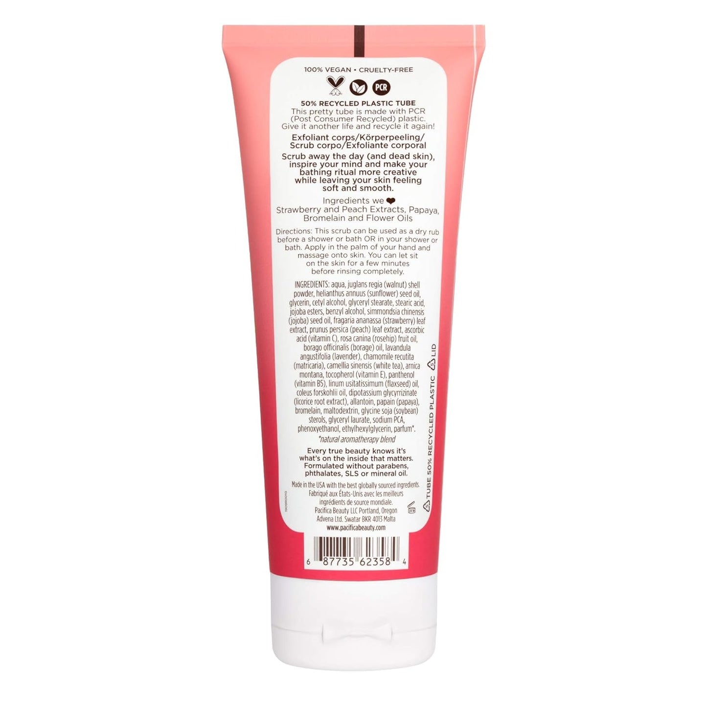 Pacifica Strawberry Peach Body Scrub, Gently Exfoliates & Polishes Dead Skin, For All Skin Types, Ven & Cruelty-Free, 6 Fl Oz